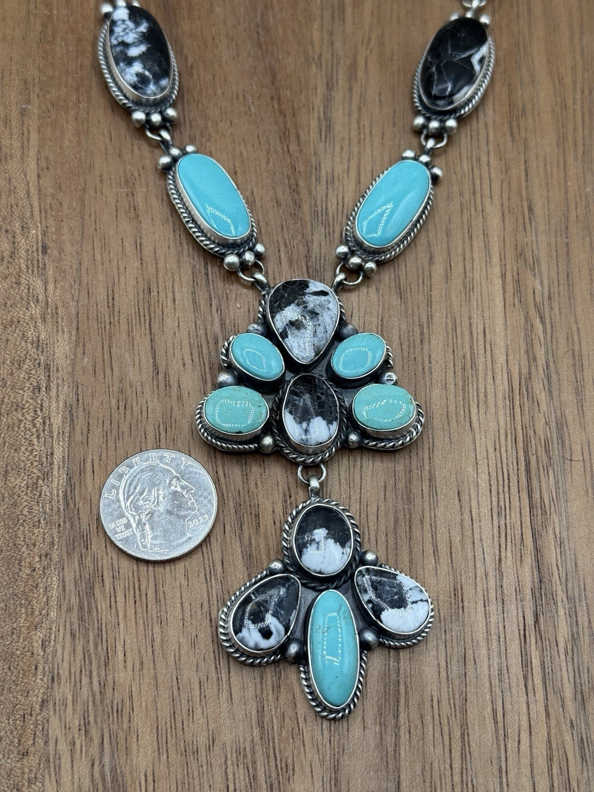 Navajo Handmade Sterling Silver Turquoise &White Buffalo Cluster Lariat Necklace