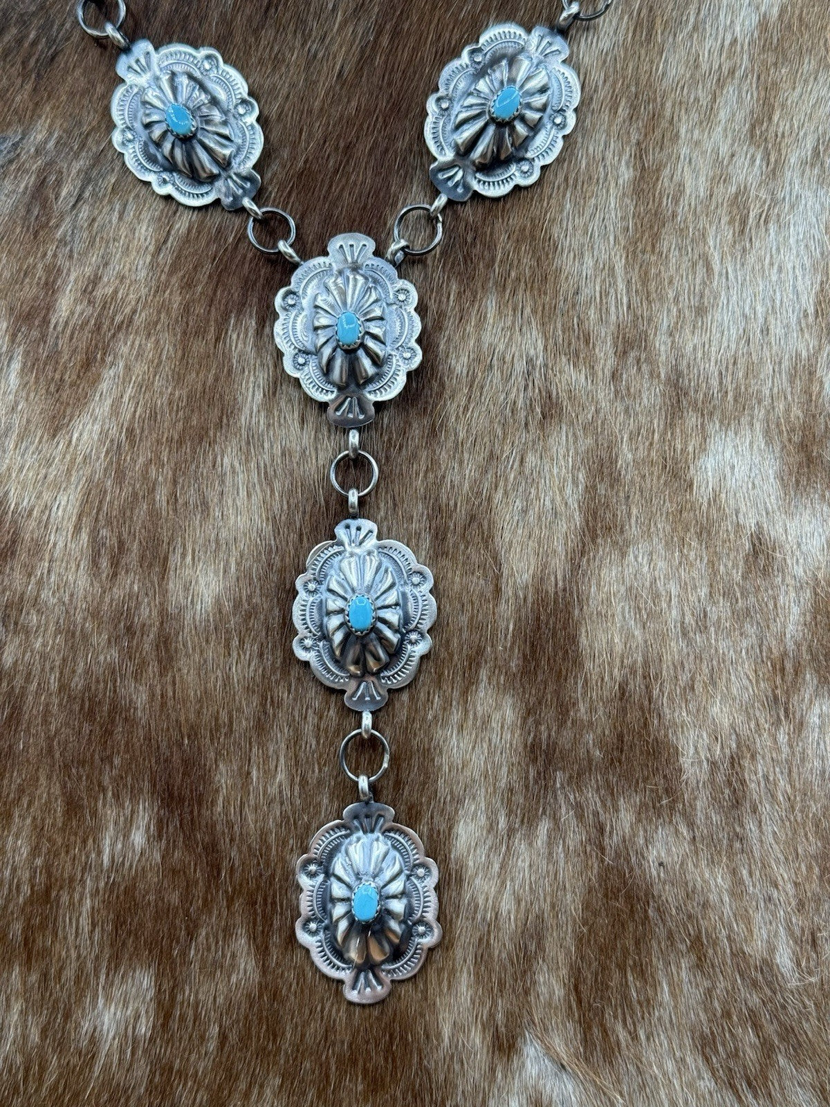 Navajo Handmade Sterling Silver Stamped Concho Turquoise Lariat Necklace Set 24”