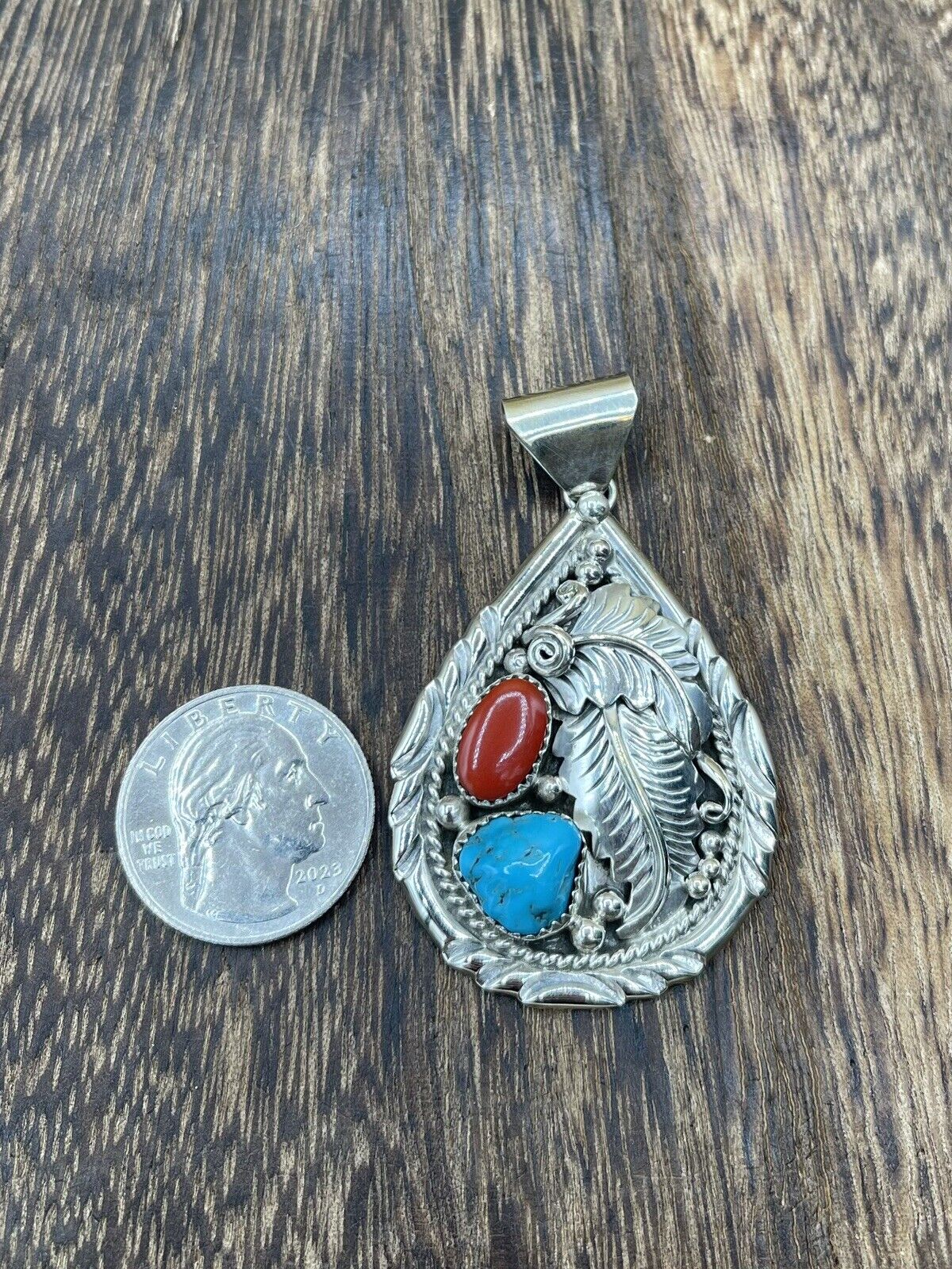 Native American Indian Handmade Sterling Silver Turquoise/Coral Feather Pendant