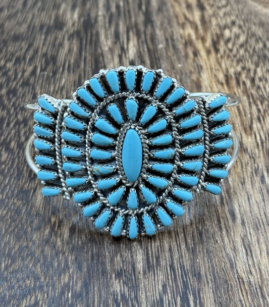 Native American Navajo Handmade Sterling Silver Turquoise Cluster Cuff Bracelet