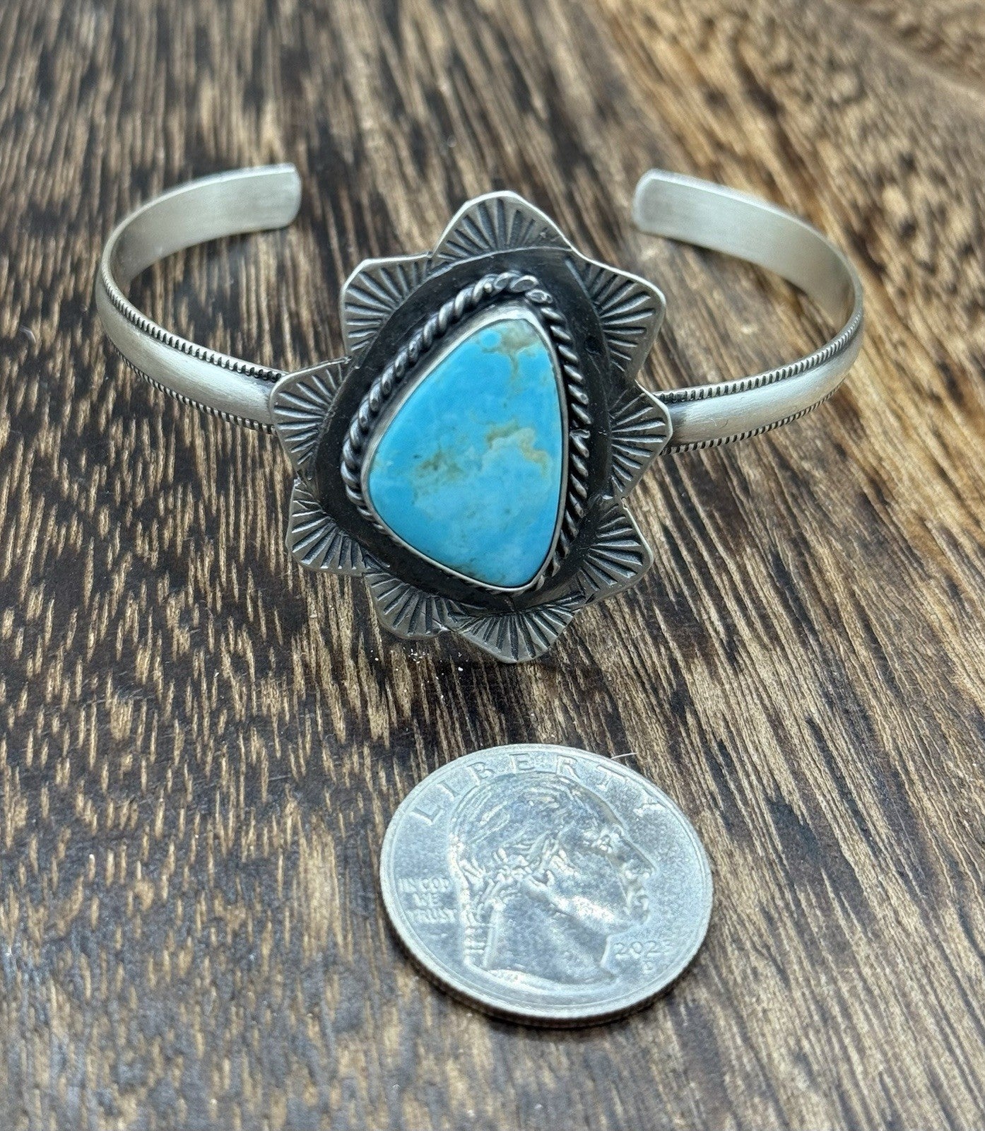 Native Navajo Handmade Sterling Silver Kingman Turquoise Cuff Stamped Bracelet