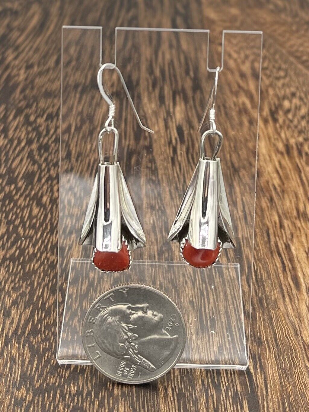 Native American Silver Navajo Handmade Red Coral Dangle Blossom Earrings