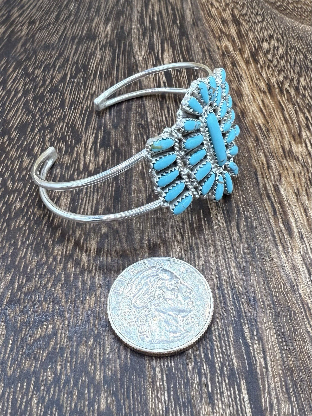 Navajo Handmade Sterling Silver Turquoise Traditional Cluster Cuff Bracelet