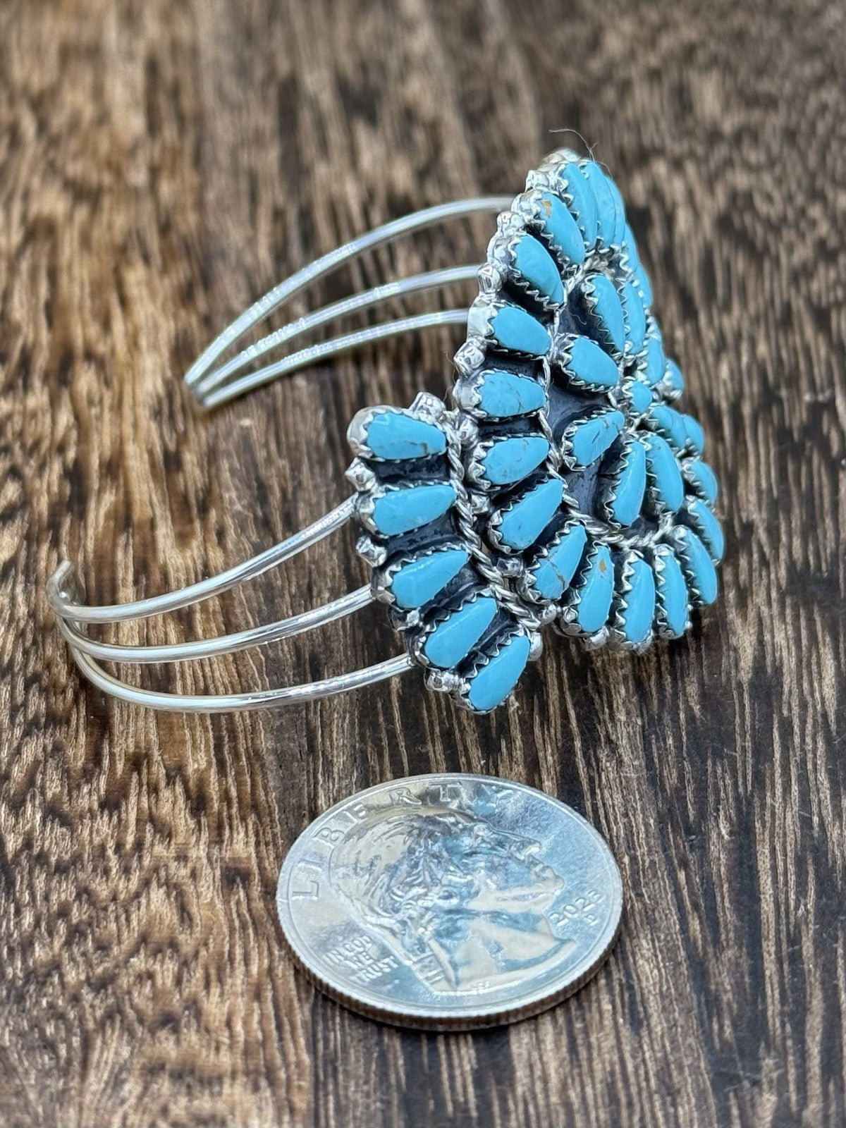 Native American Navajo Handmade Sterling Silver Turquoise Cluster Cuff Bracelet