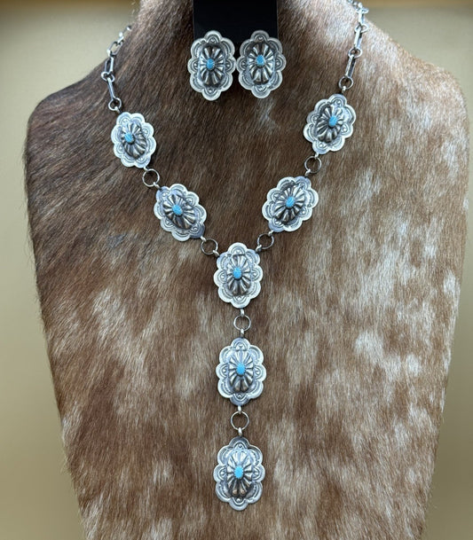 Navajo Handmade Sterling Silver Stamped Concho Turquoise Lariat Necklace Set 20”