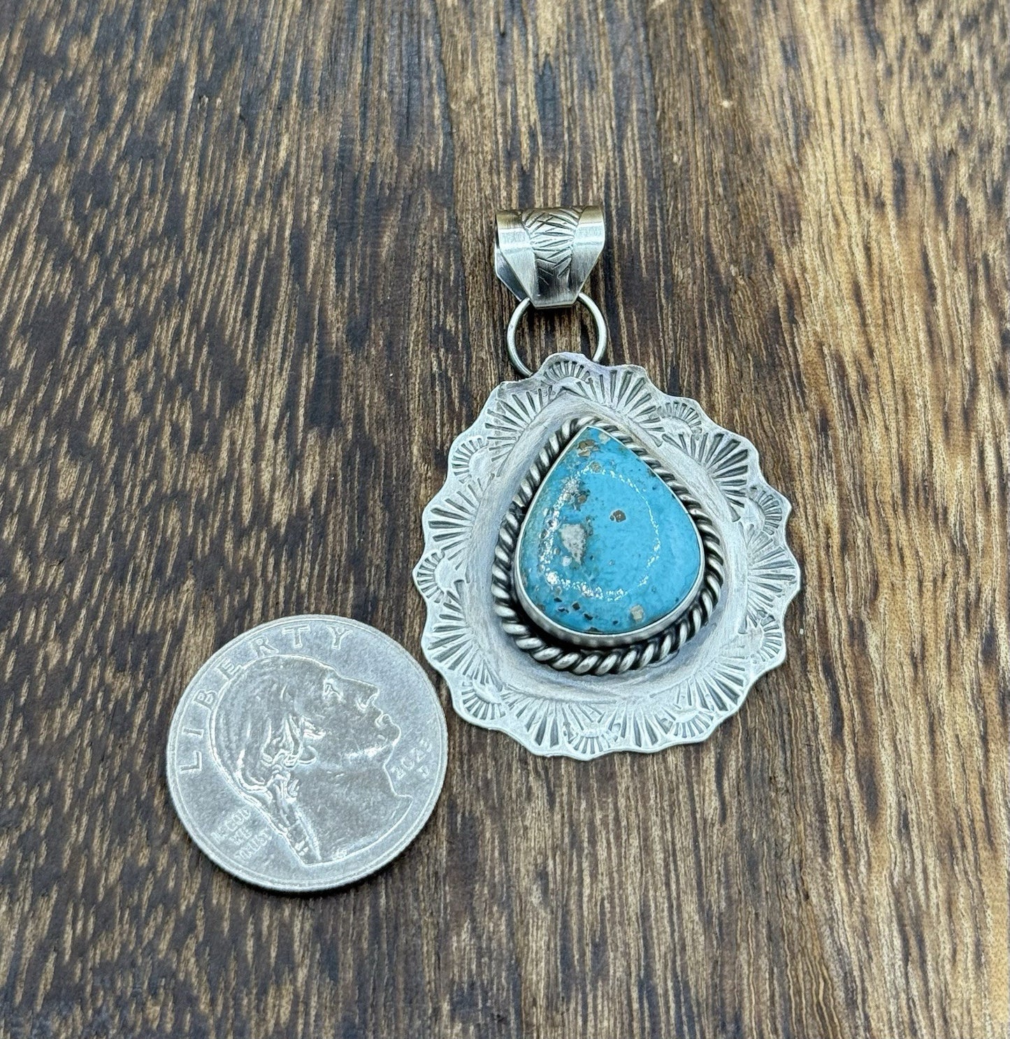 Native Navajo Handmade Sterling Silver Blue Bird Turquoise Stamped Drop Pendant