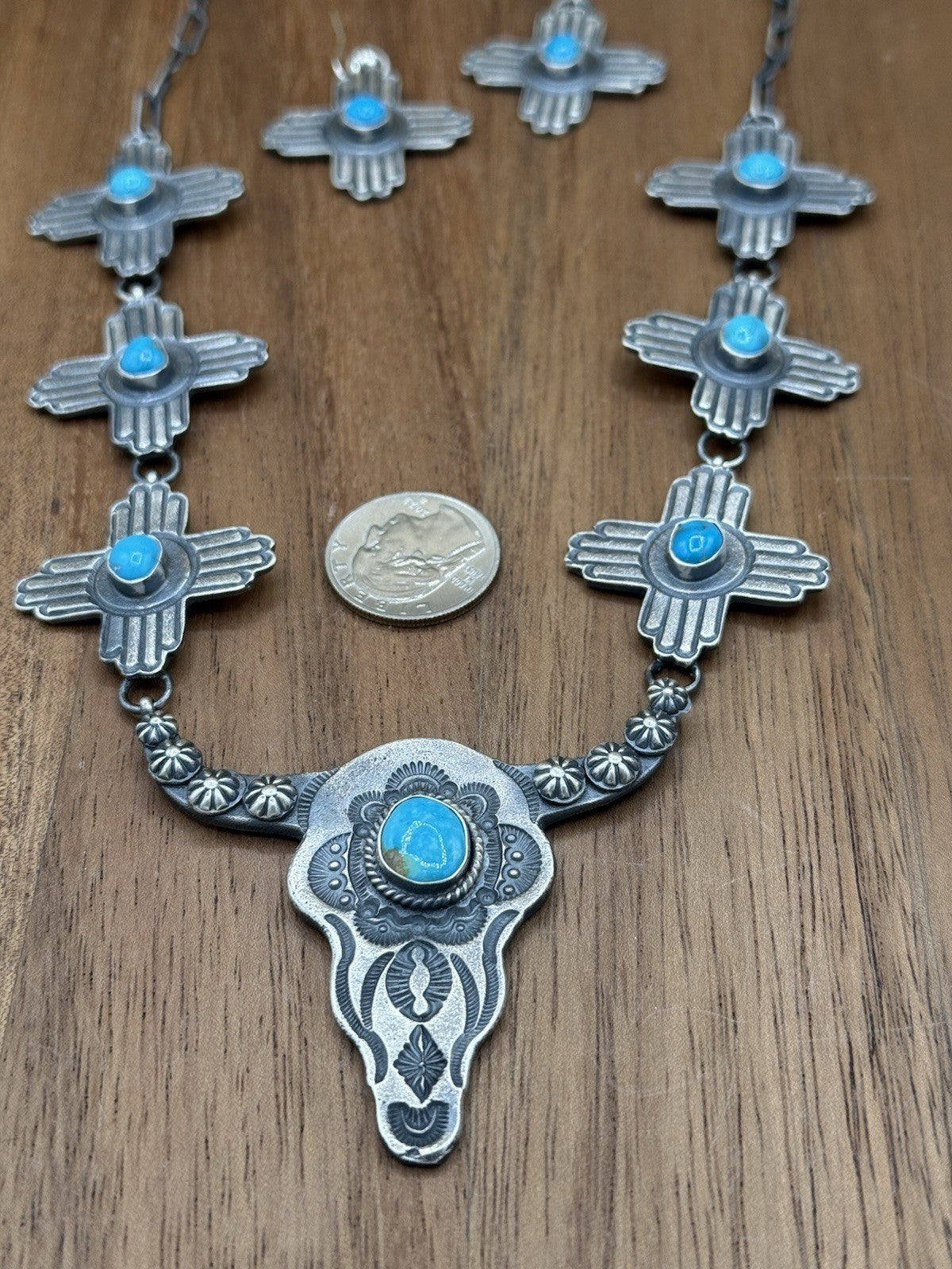 Navajo Handmade Sterling Silver Kingman Turquoise Longhorn Zia Necklace Set