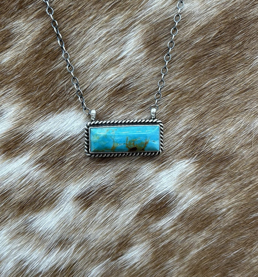 Navajo Handmade Sterling Silver Kingman Turquoise Bar Necklace 16”