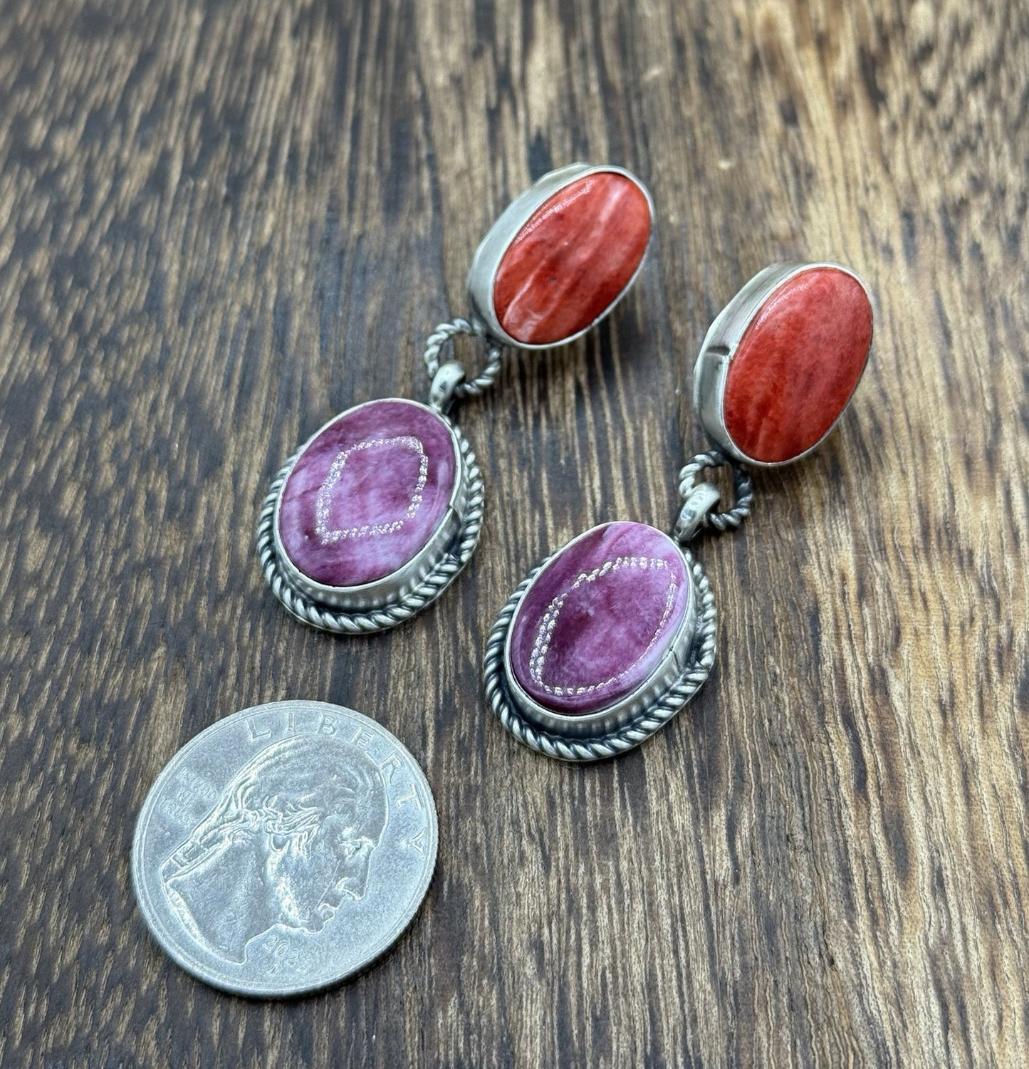 Navajo Handmade Sterling Silver Mixed Spiny Oyster Shell Post Dangle Earrings