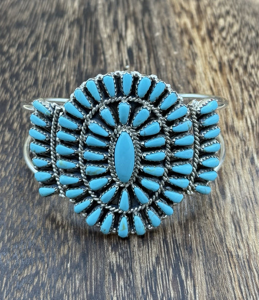 Native American Navajo Handmade Sterling Silver Turquoise Cluster Cuff Bracelet