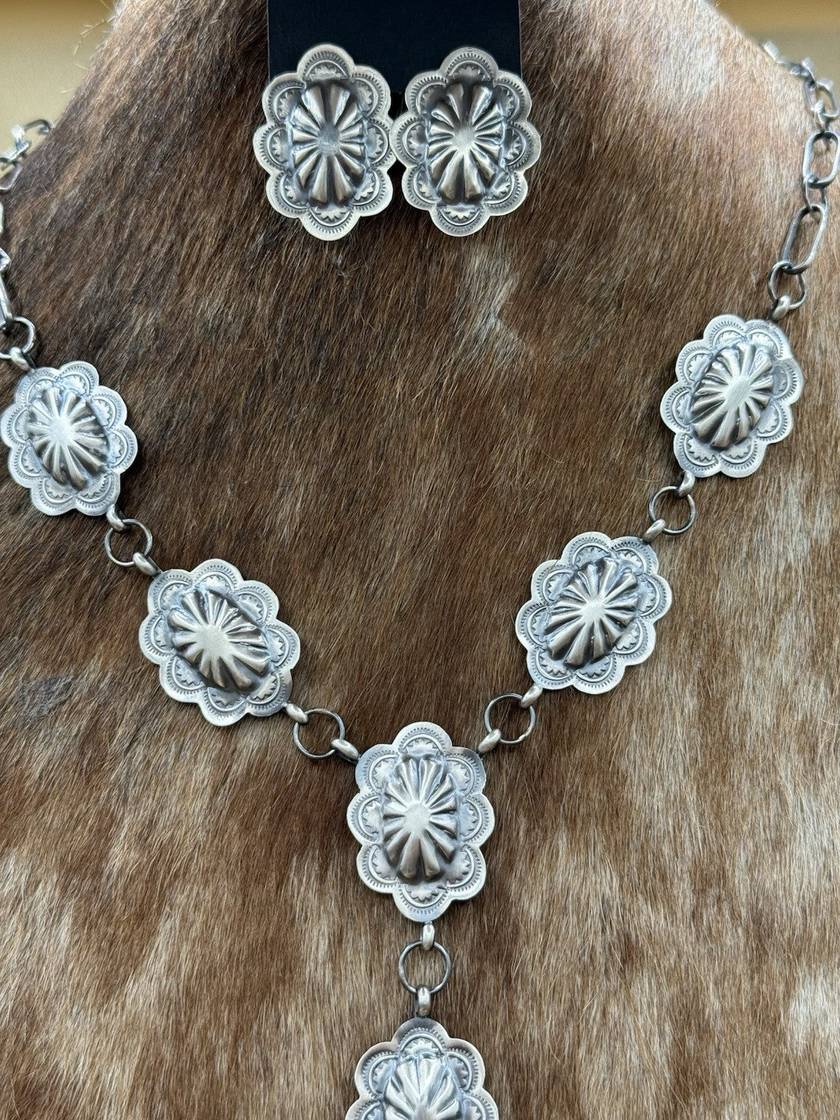 Navajo Handmade Sterling Silver Stamped Concho Old Look Lariat Necklace Set 24”
