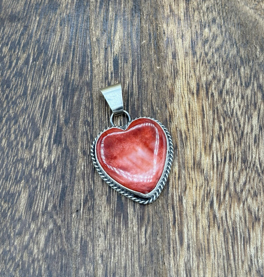 Navajo Handmade Sterling Silver Red Spiny Oyster Shell Heart Shaped Pendant