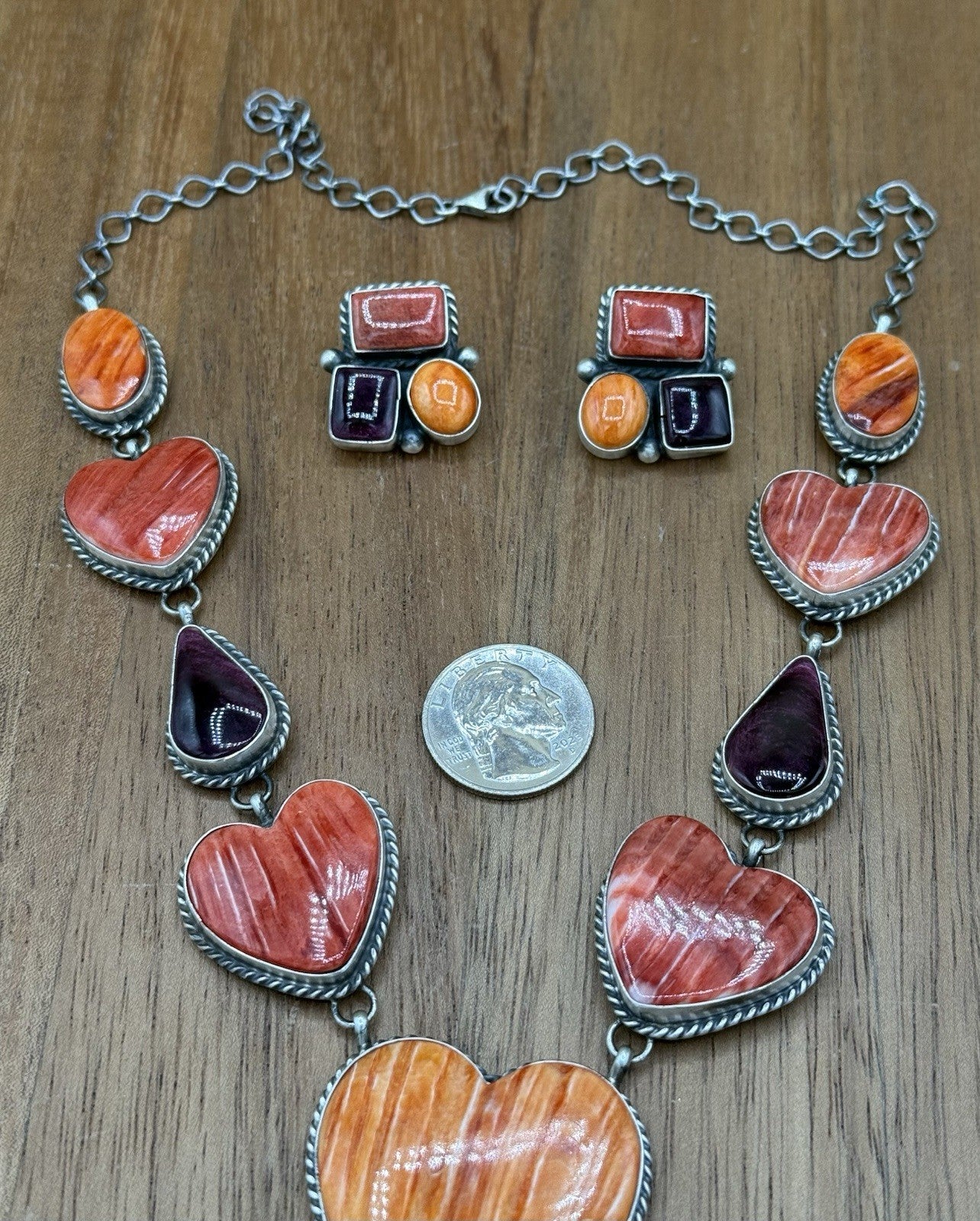 Navajo Handmade Sterling Silver Multi Spiny Oyster Shell Cluster Lariat Necklace