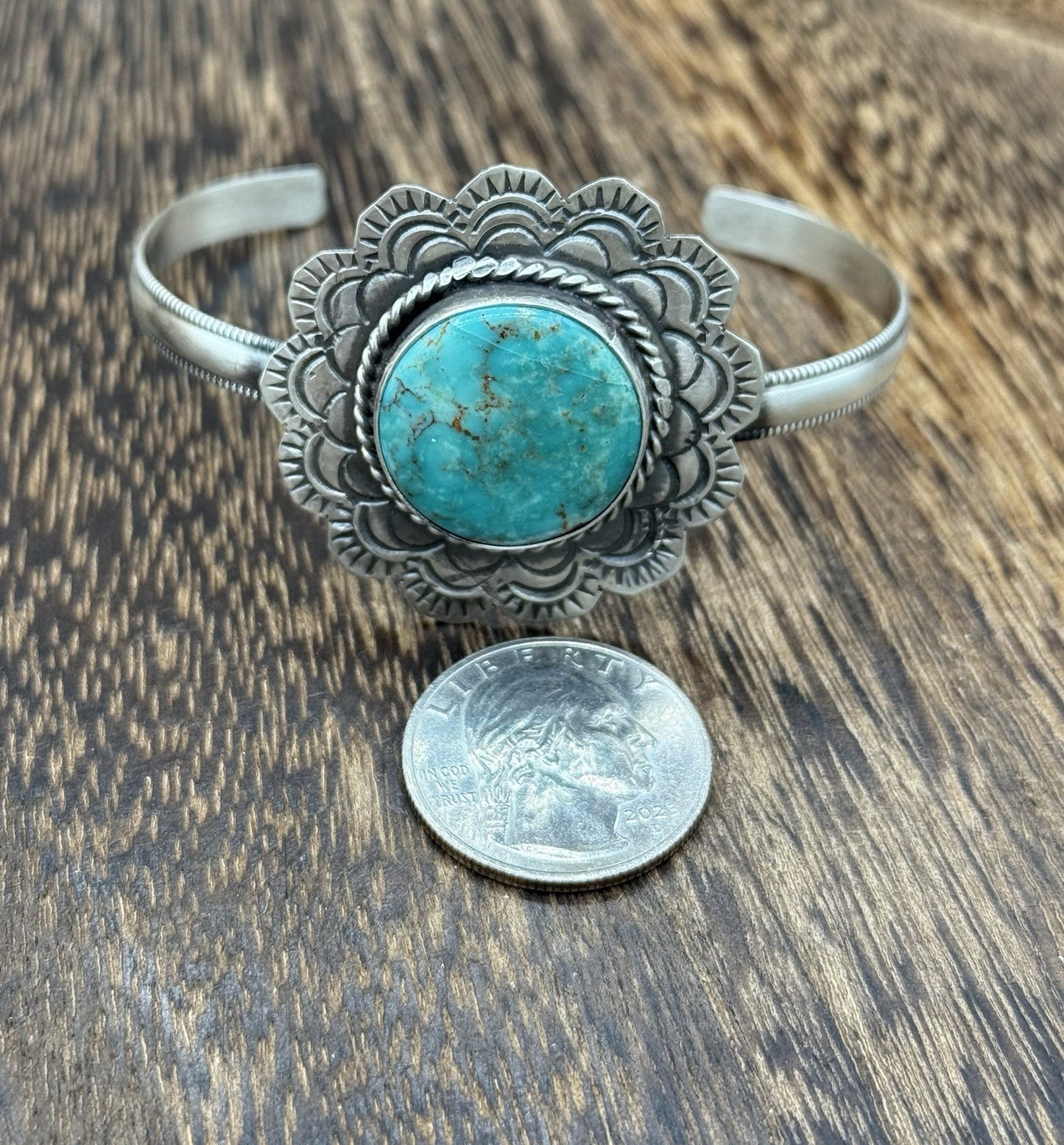 Native Navajo Handmade Sterling Silver Kingman Turquoise Cuff Stamped Bracelet
