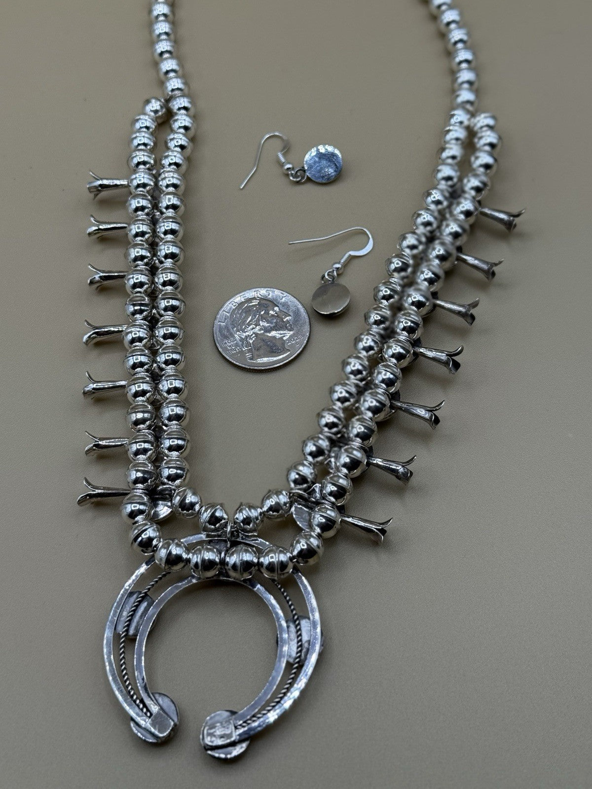 Native American Navajo Handmade Silver Kingman Turquoise Squash Blossom Set 18”