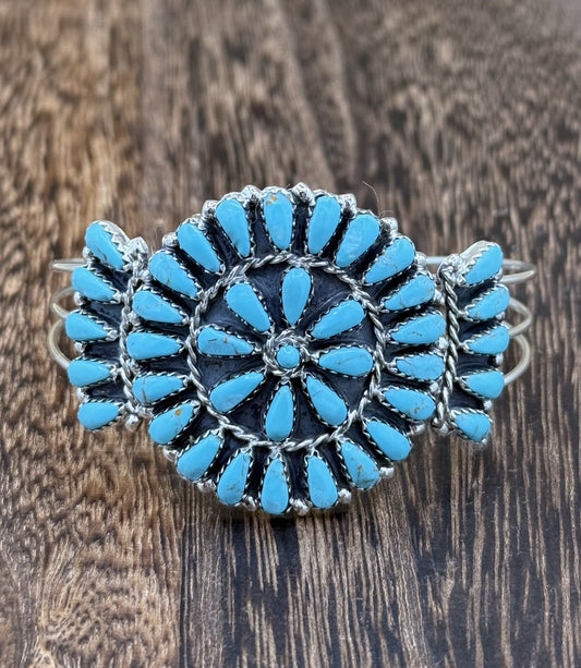 Native American Navajo Handmade Sterling Silver Turquoise Cluster Cuff Bracelet