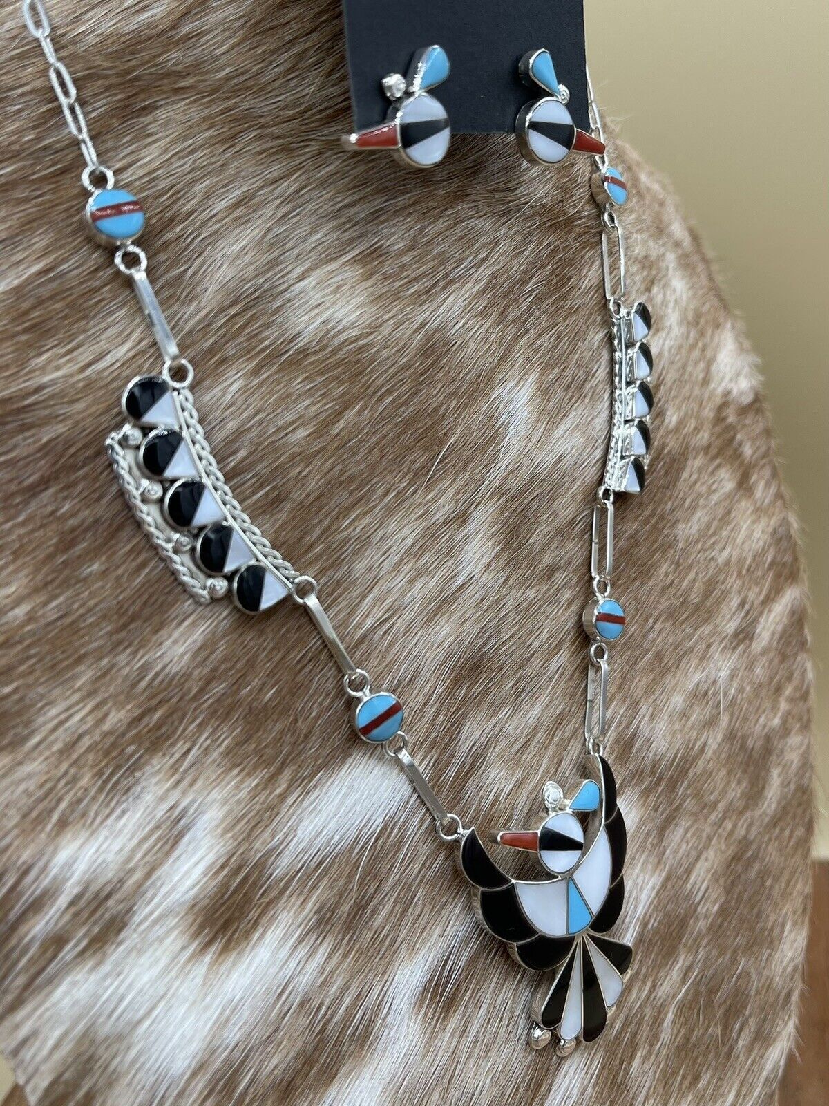 Native American Zuni handmade Silver Multi-stone Inlay Thunderbird Necklace 22”