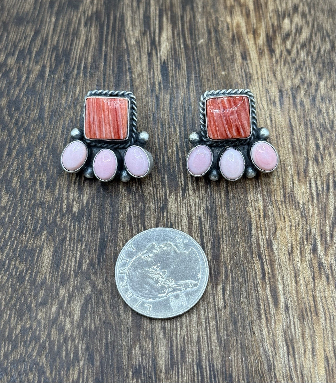 Navajo Handmade Sterling Silver Multi Color Spiny Pink Shell Cluster Earrings