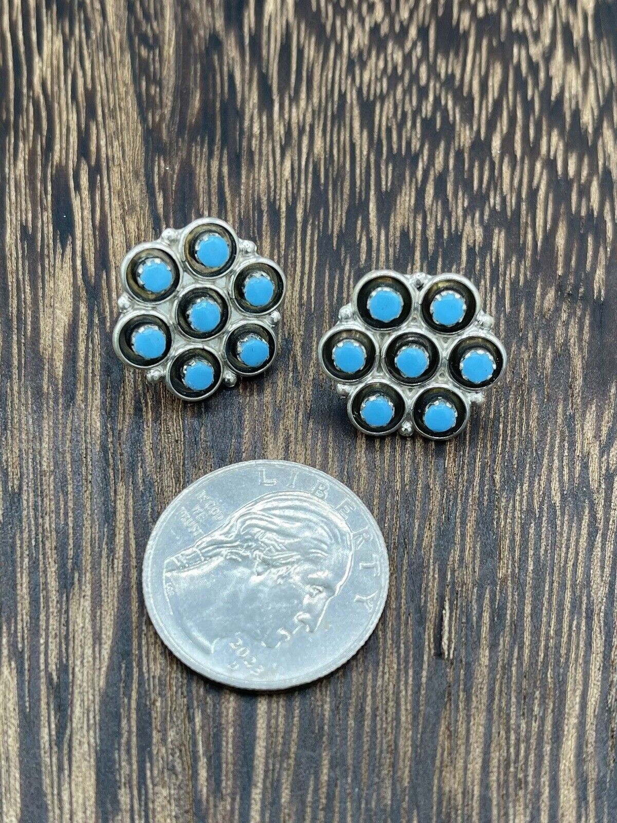 Native American Sterling Silver Zuni Handmade Turquoise Cluster Earrings