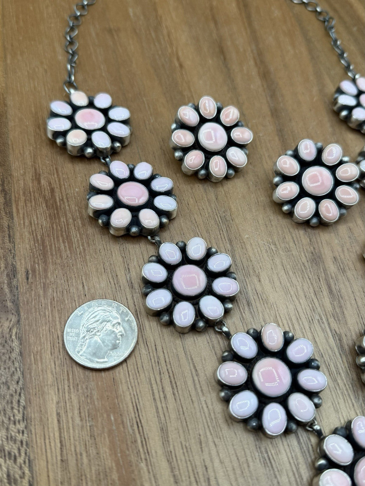 Navajo Handmade Sterling Silver Pink Conch Cluster Lariat Dangle Necklace 24”