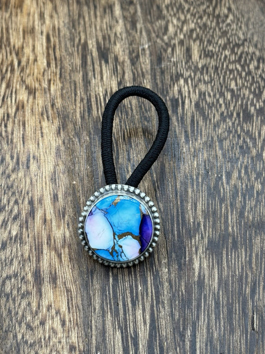 Native Navajo Handmade Sterling Silver Violet Rose & Blue Dahlia Hair Tie