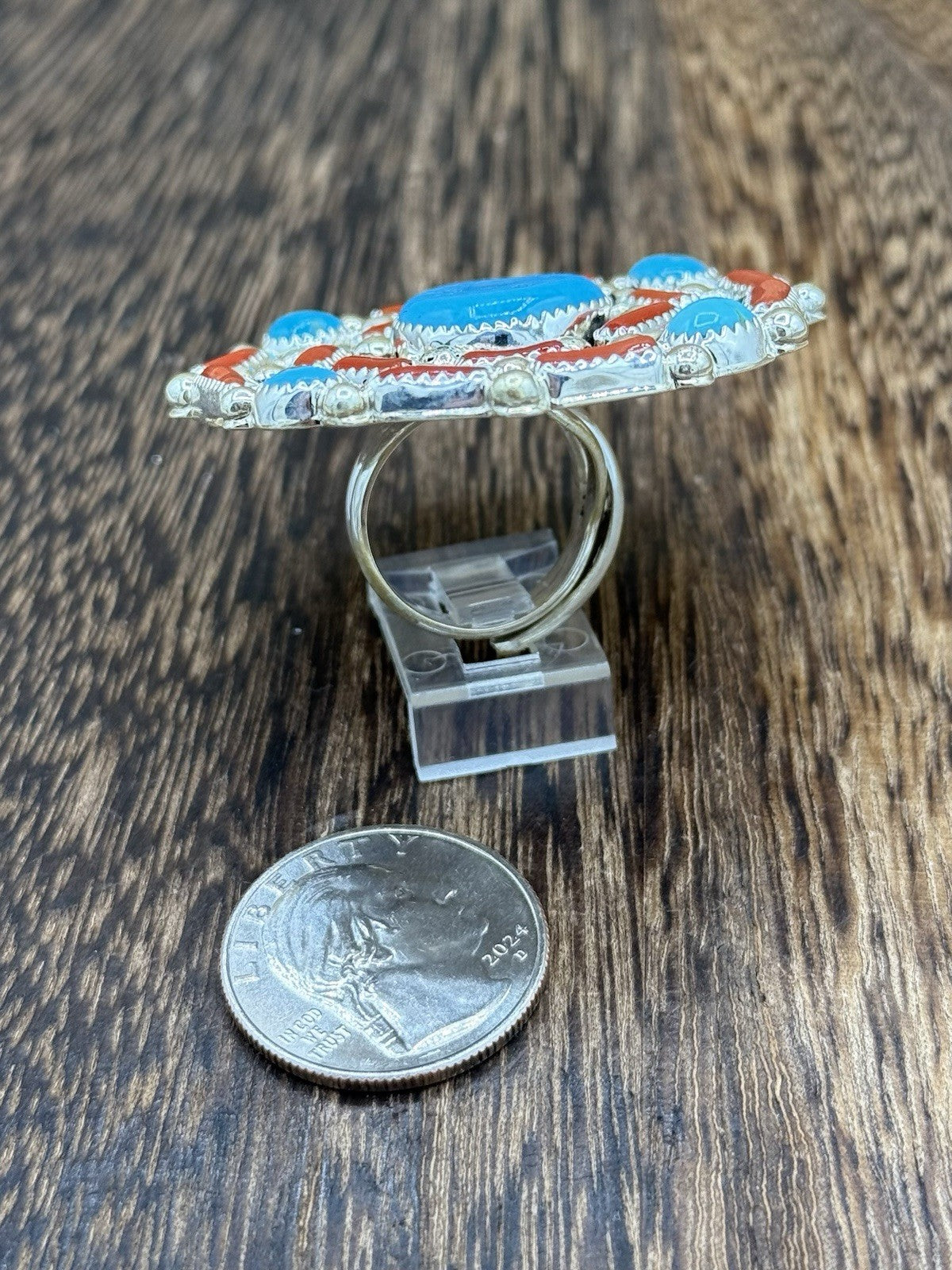 Navajo Handmade Sterling Silver Sleeping Beauty Turquoise & Coral Adjustable 6-9