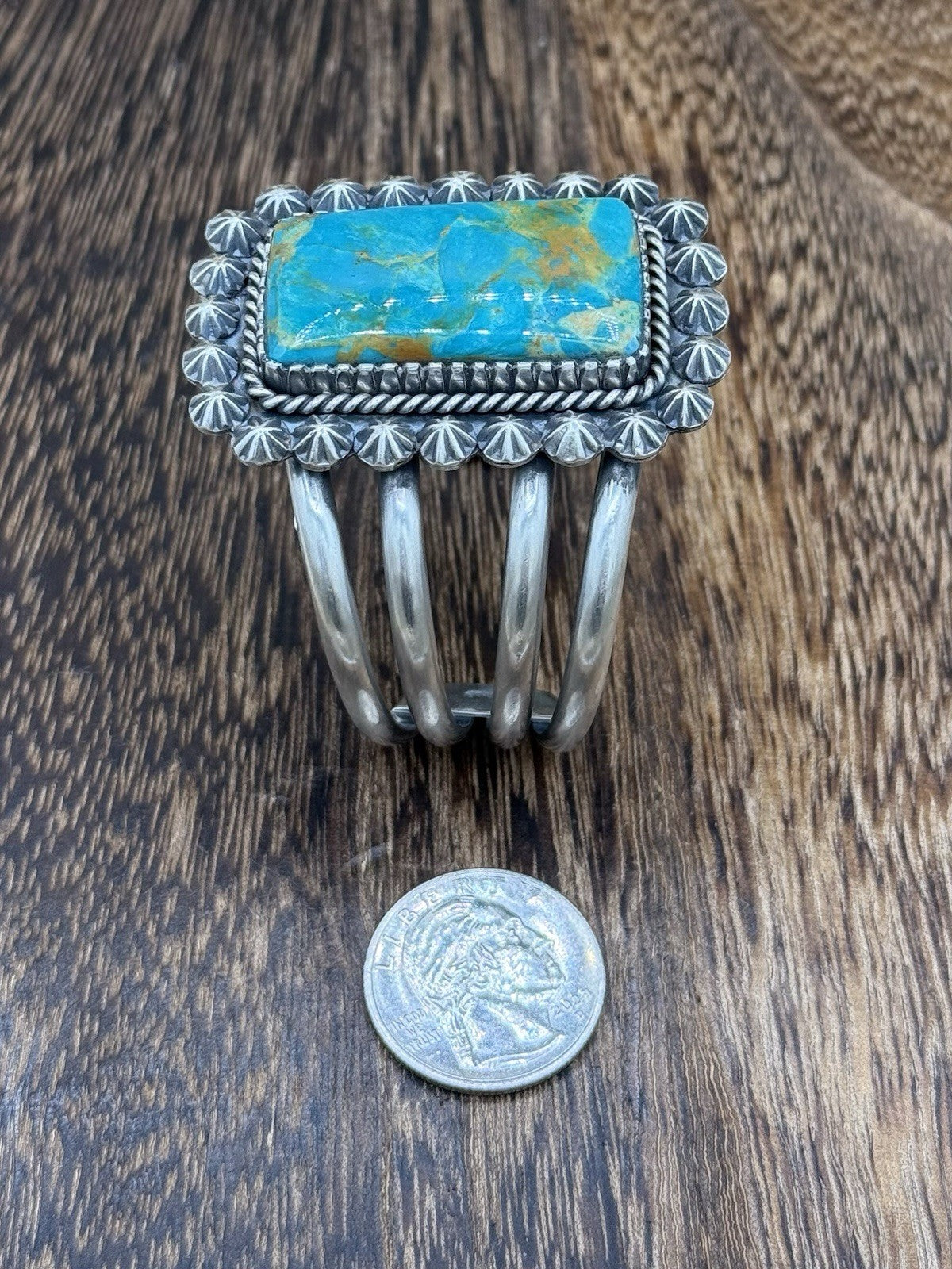 Native Navajo Handmade Sterling Silver Royston Turquoise Old Look Cuff Bracelet