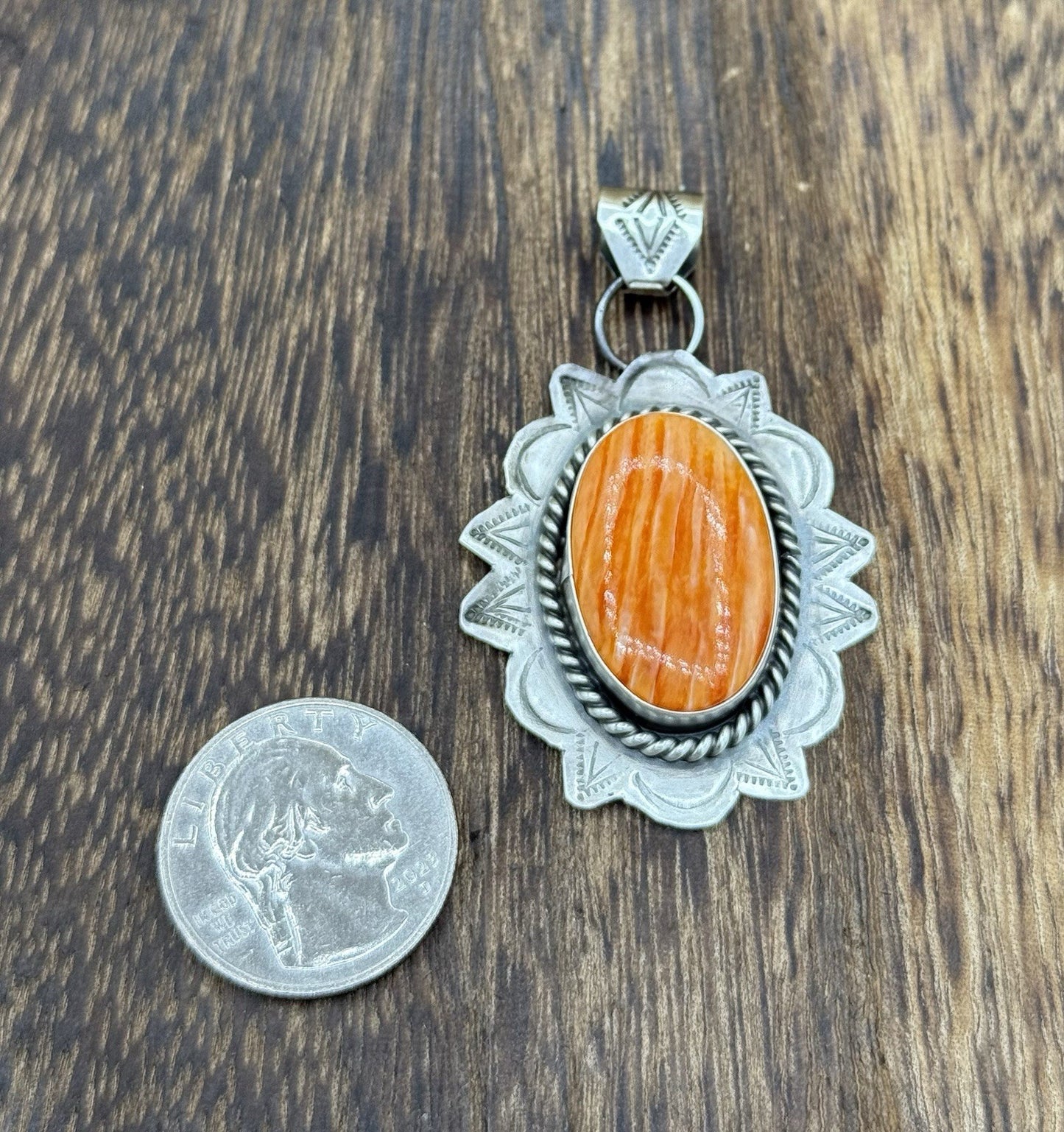 Navajo Handmade Sterling Silver Orange Spiny Oyster Shell Stamped Drop Pendant