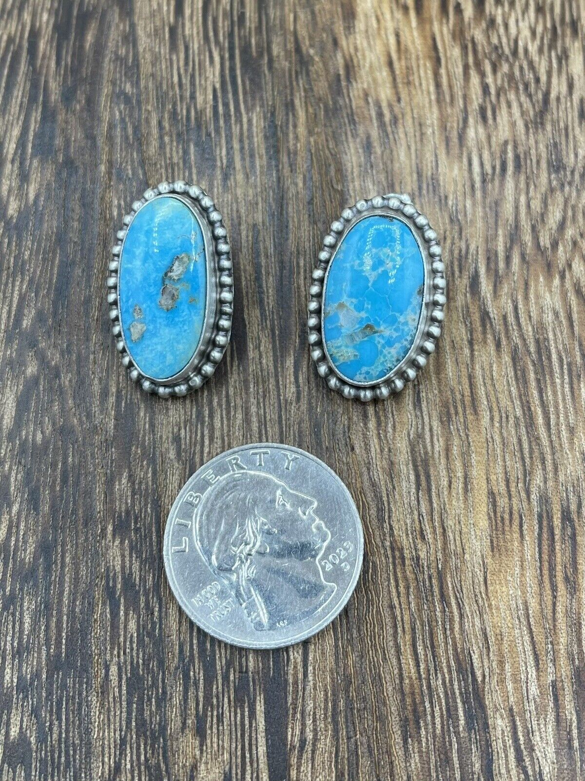 Native American Navajo Handmade Silver Kingman Turquoise Post Stud Earrings