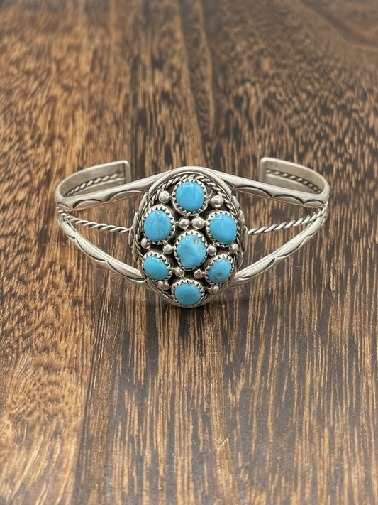 Native American Sterling Silver Navajo Handmade Kingman Turquoise Cuff Bracelet