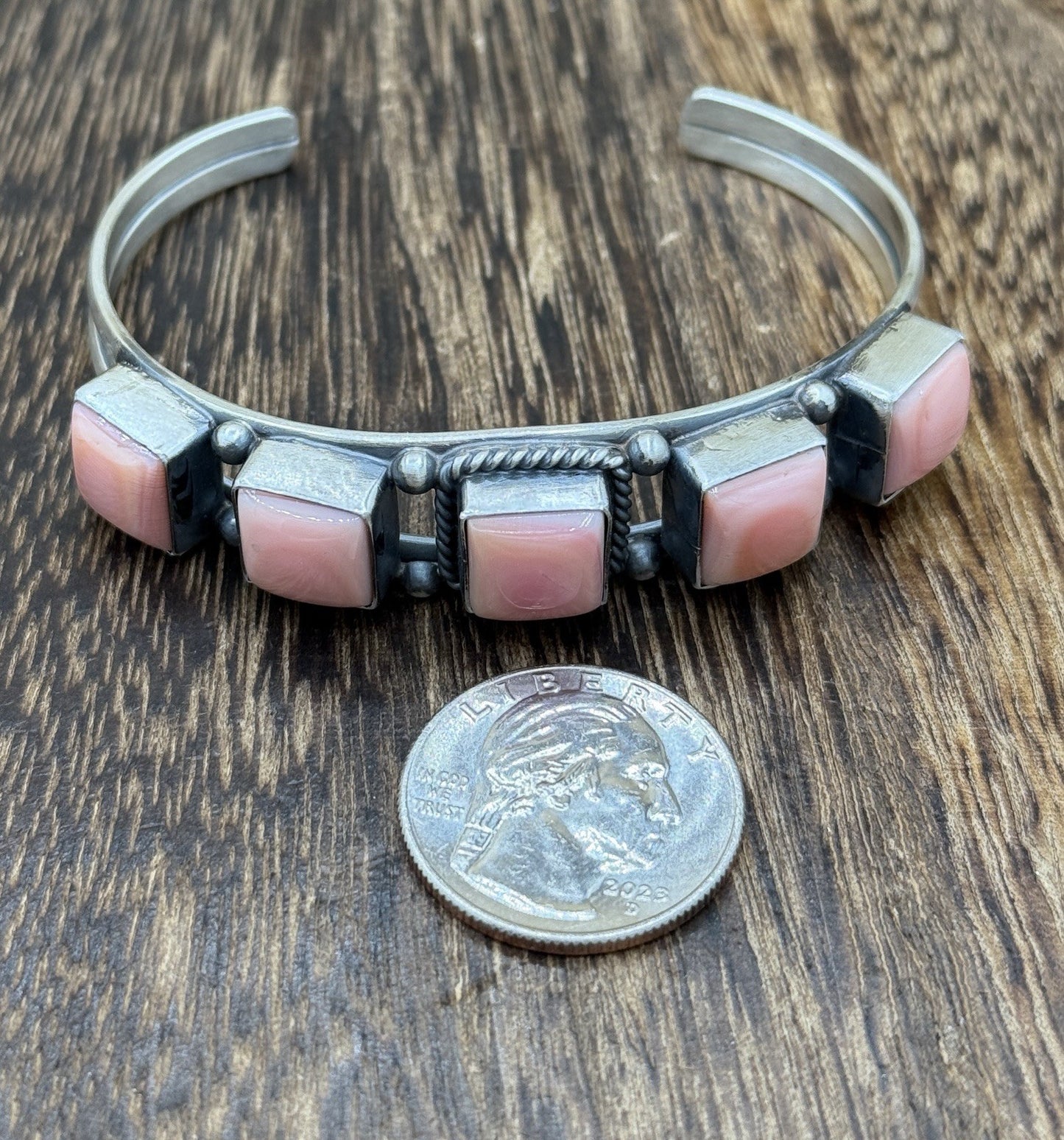 Navajo Handmade Sterling Silver Pink Conch Stacker Cluster Cuff Bracelet