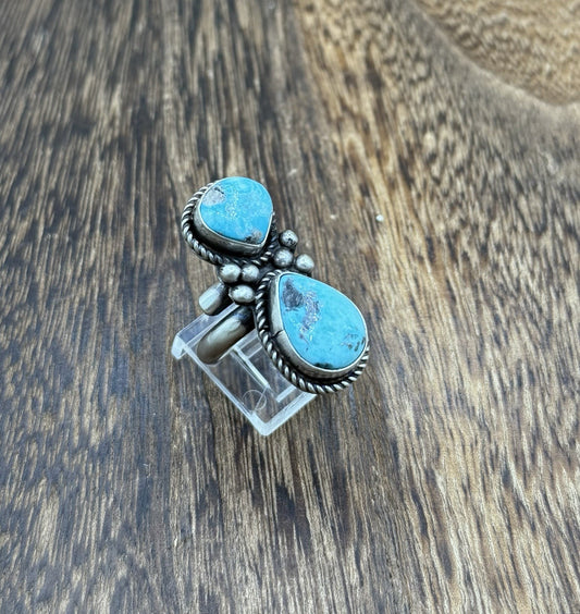 Navajo Handmade Sterling Silver White Water Turquoise Adjustable Ring Size 7 - 9