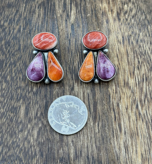 Navajo Handmade Sterling Silver Multi Color Spiny Oyster Shell Cluster Earrings