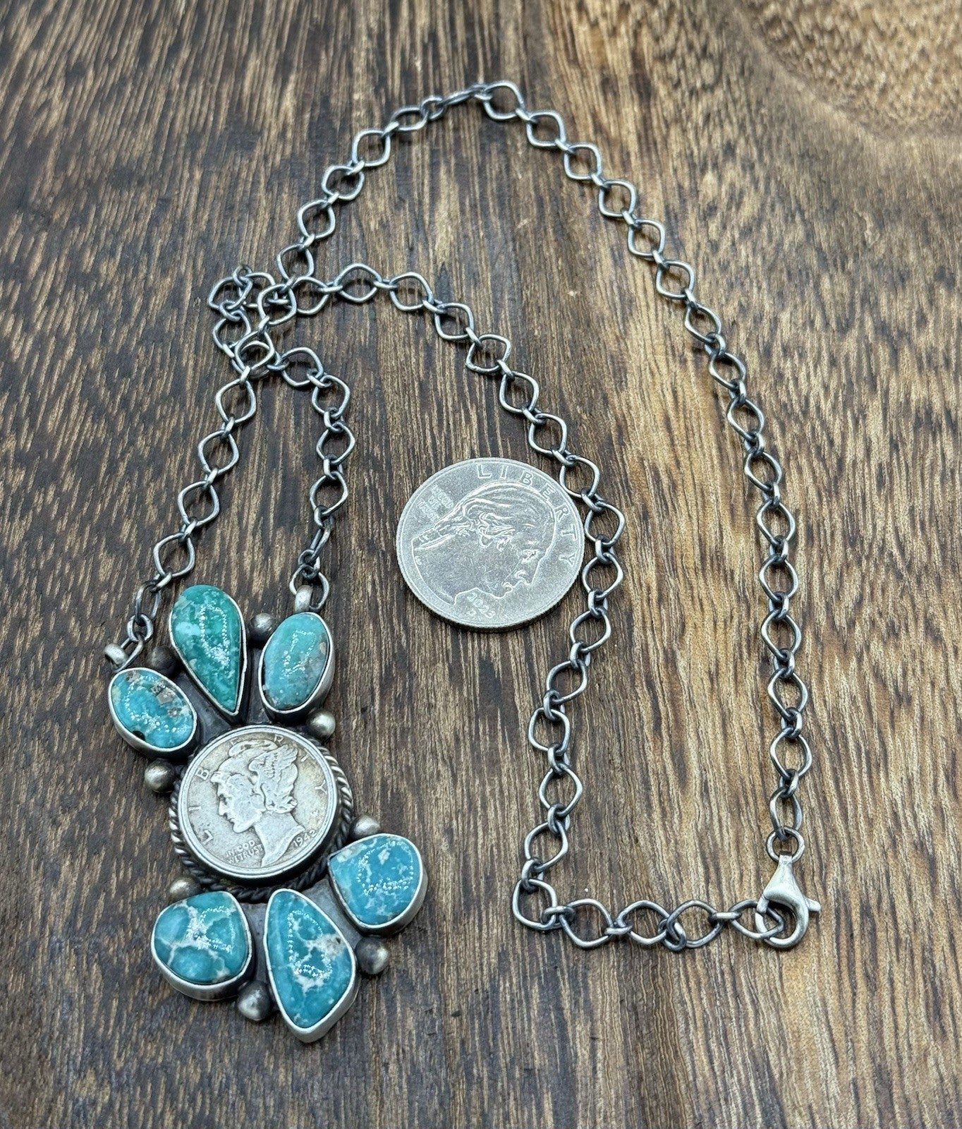 Navajo Handmade Silver White Water Turquoise Liberty Coin Cluster Necklace 18”