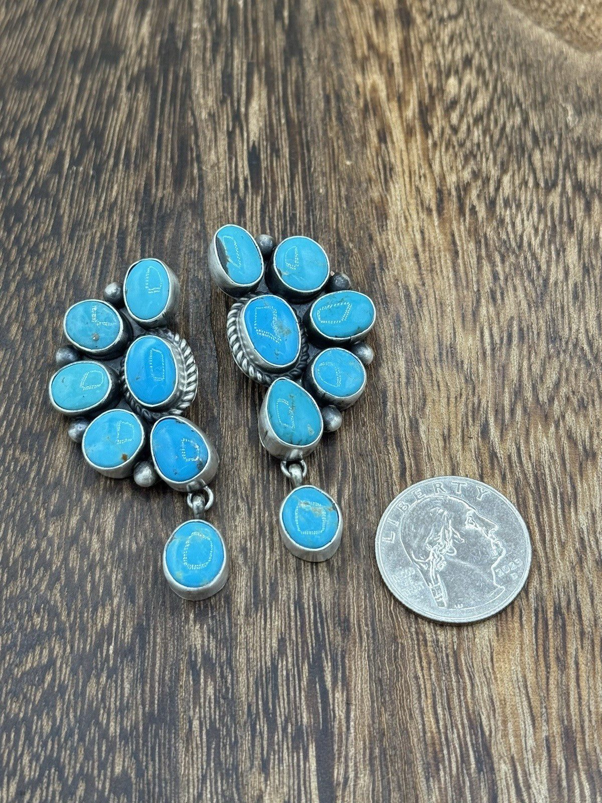 Navajo Handmade Sterling Silver Kingman Turquoise Half Cluster Drop Earrings