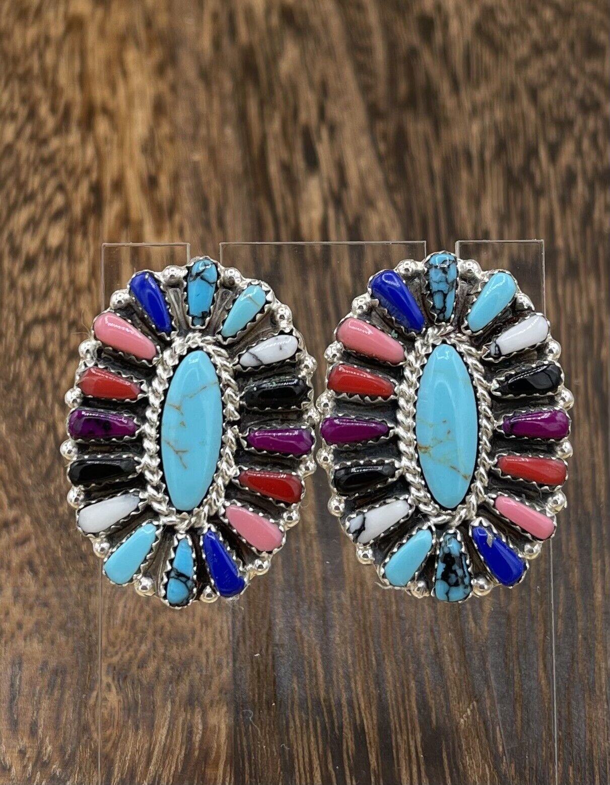 Native American Navajo Handmade Sterling Silver Multicolor Cluster Stud Earrings