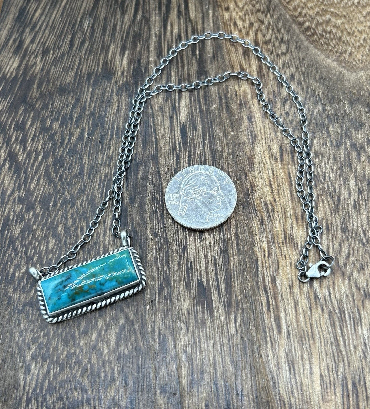 Navajo Handmade Sterling Silver Kingman Turquoise Bar Necklace 16”