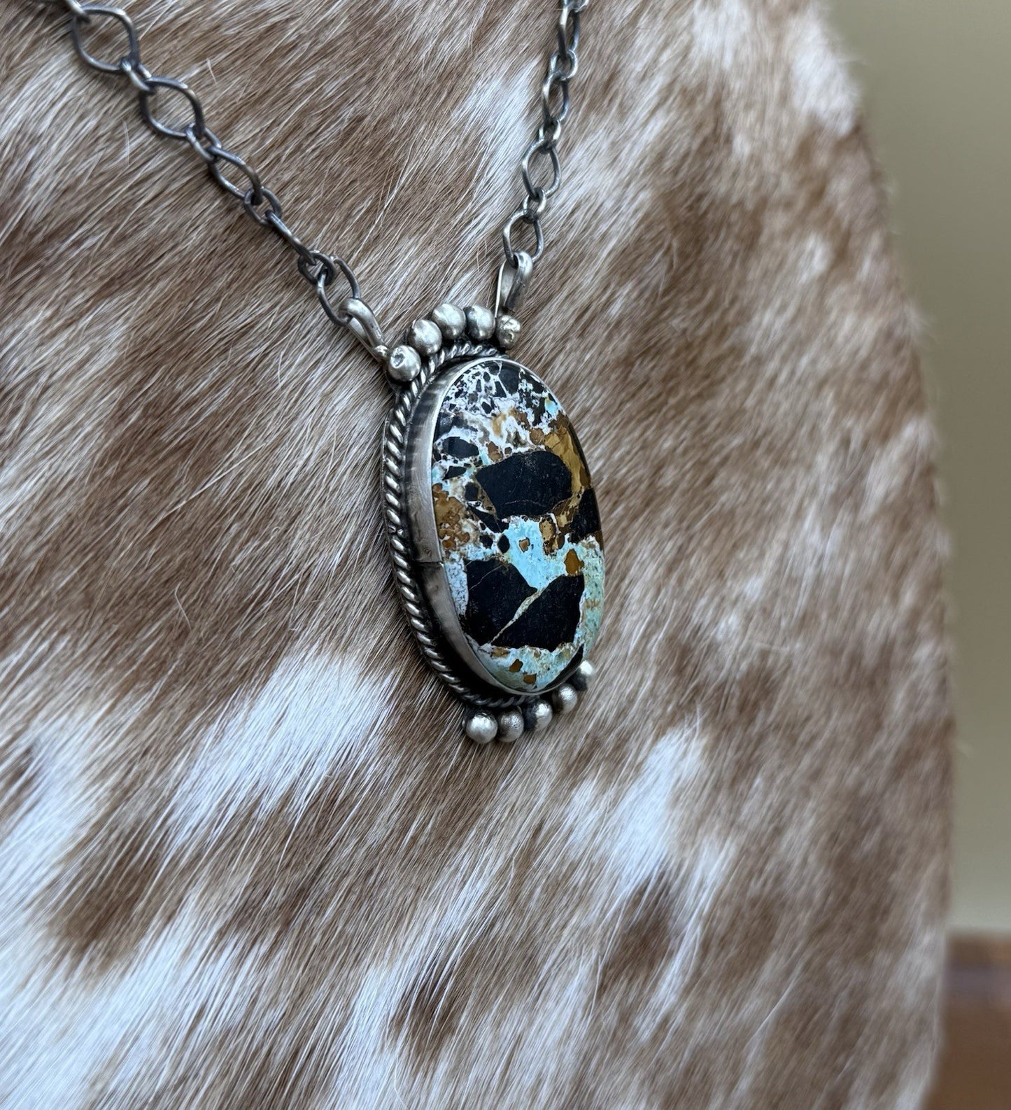 Native Navajo Handmade Sterling Silver Blackjack Turquoise Bar Necklace 18”