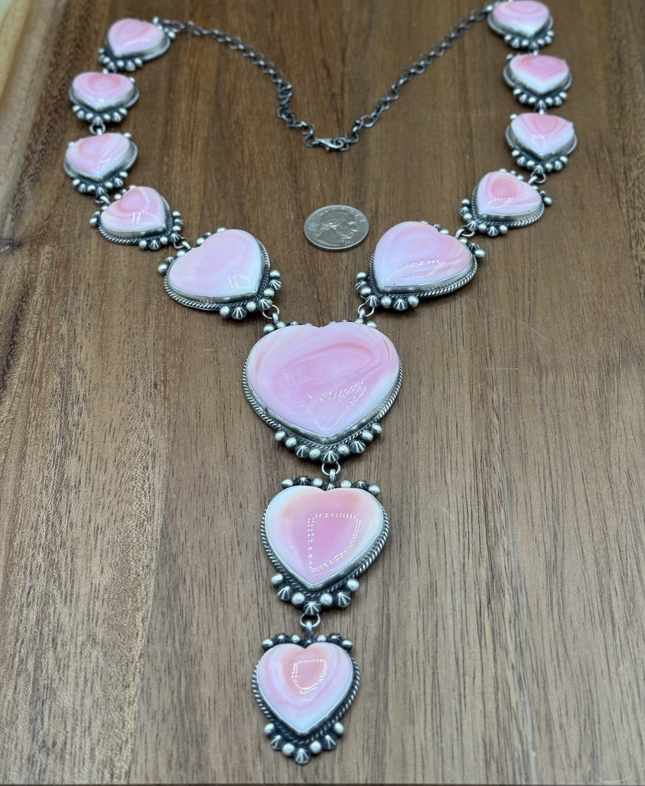 Native Navajo Handmade Sterling Silver Pink Conch Shell Y Lariat Necklace 25”