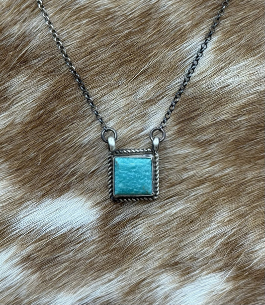 Native Navajo Handmade Silver Kingman Turquoise Cluster Bar Necklace 16”