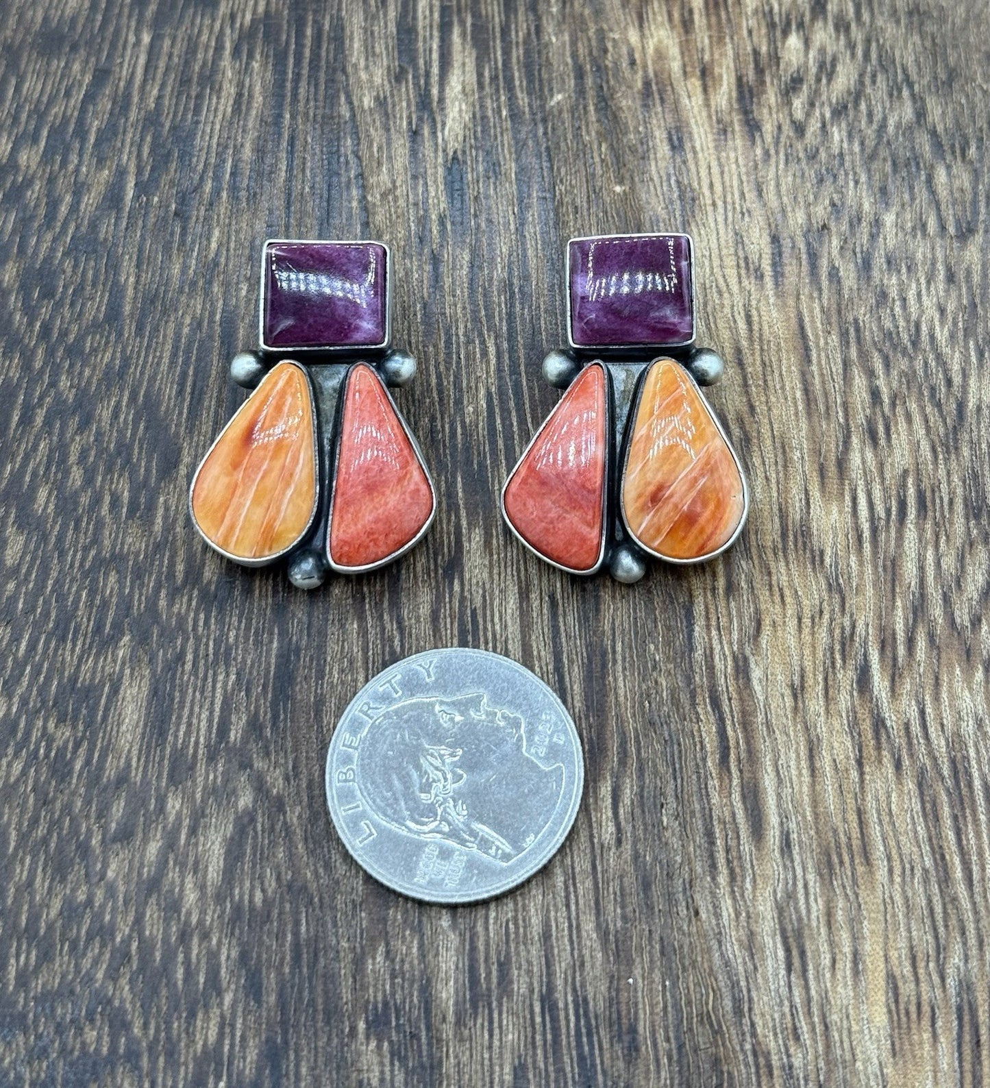 Navajo Handmade Sterling Silver Multi Color Spiny Oyster Shell Cluster Earrings