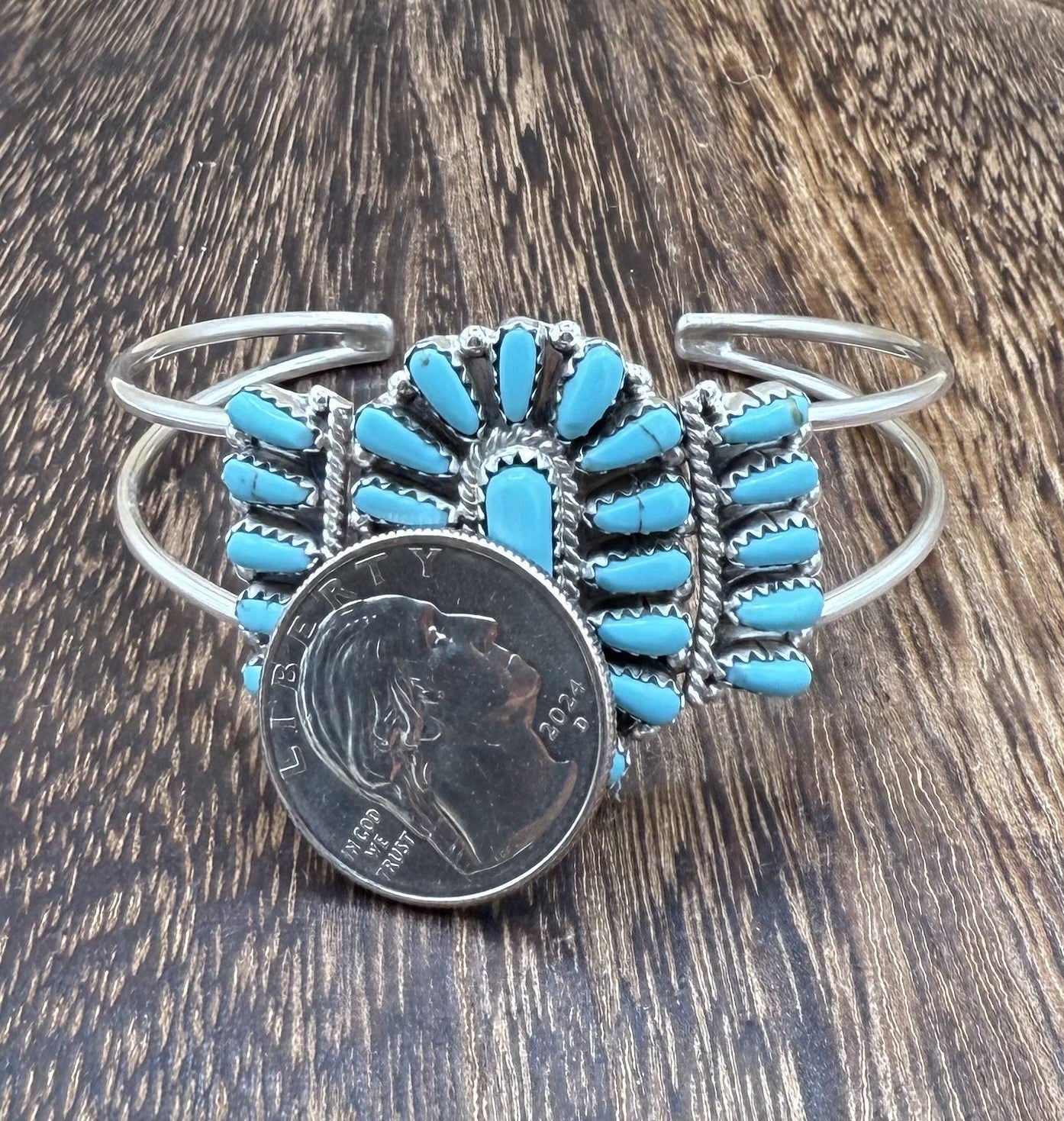 Navajo Handmade Sterling Silver Turquoise Traditional Cluster Cuff Bracelet