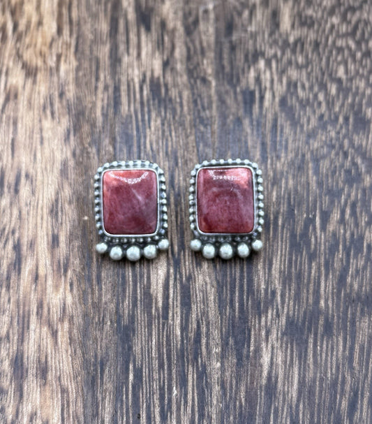 Native Navajo Handmade Sterling Silver Red Spiny Oyster Shell Post Stud Earrings
