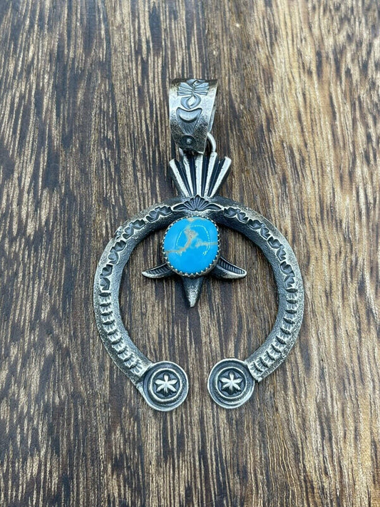 Native American Indian Navajo Handmade Silver Old Look Turquoise Naja Pendant