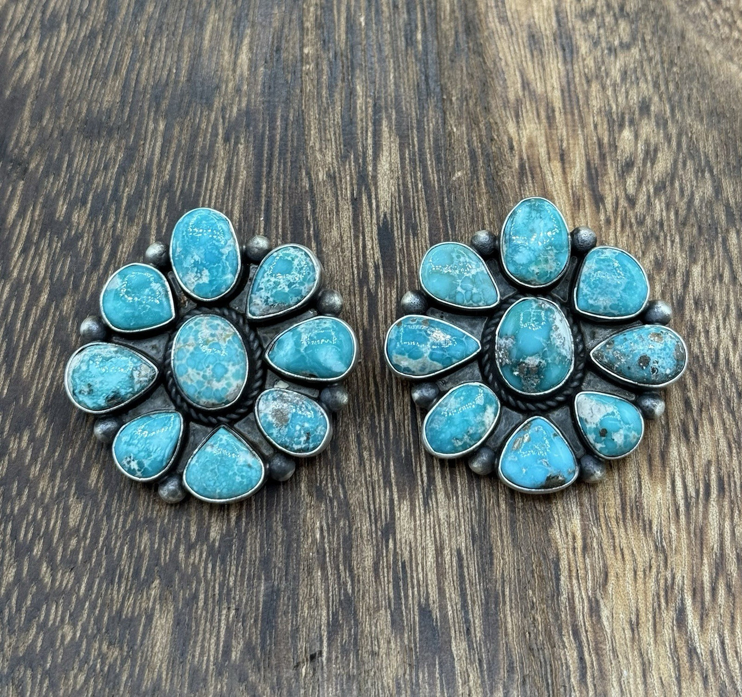 Navajo Handmade Sterling Silver Blue Bird Turquoise Cluster Post Earrings