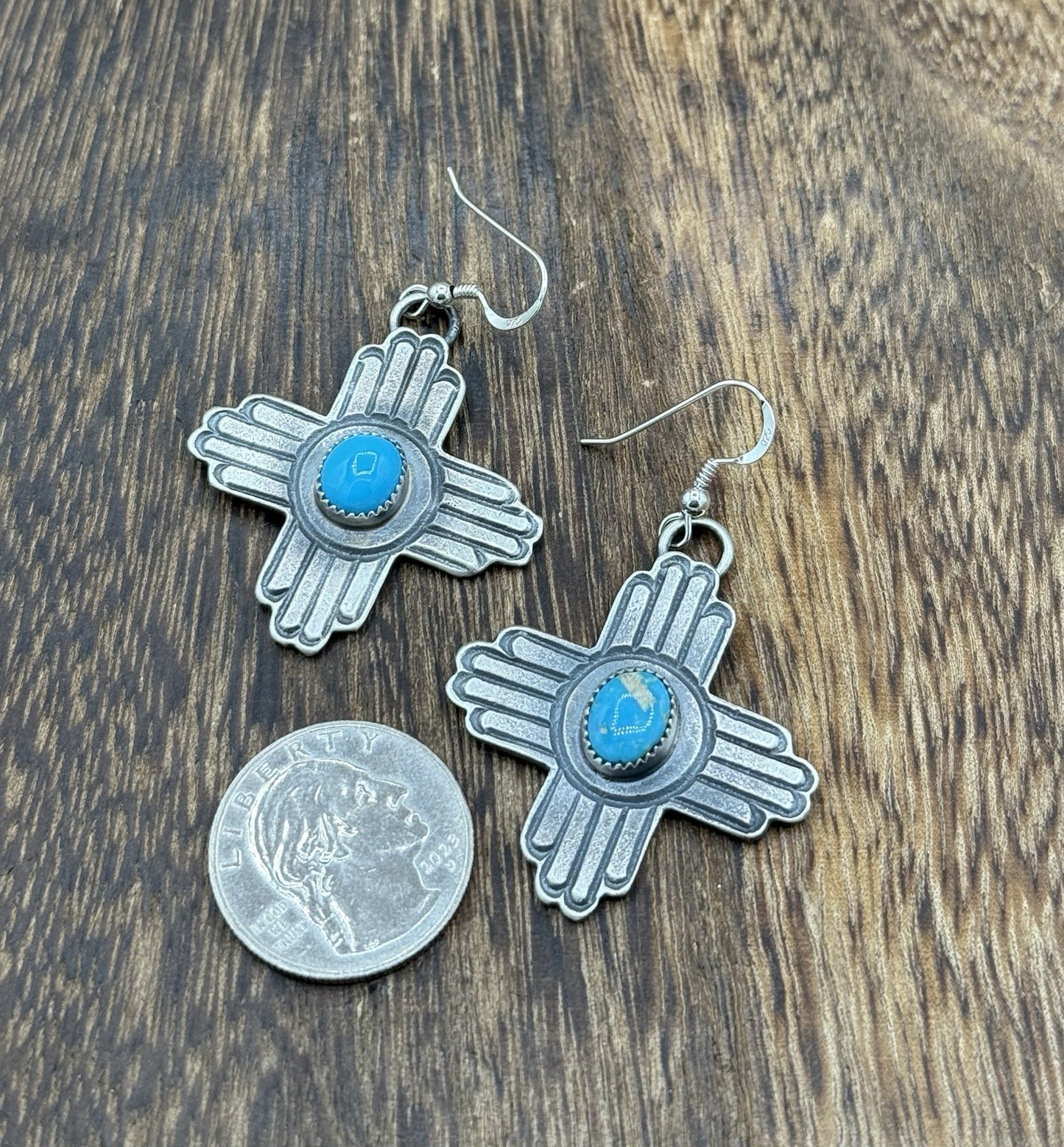 Navajo Handmade Sterling Silver Zia Kingman Turquoise Earrings Kevin Billah