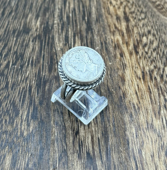 Native American Navajo Handmade Sterling Silver Liberty Dime Ring Size 9