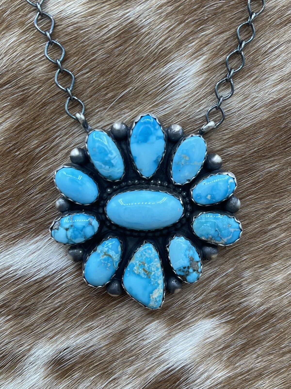 Native American Navajo Handmade Sterling Silver Turquoise Cluster Necklace 18”