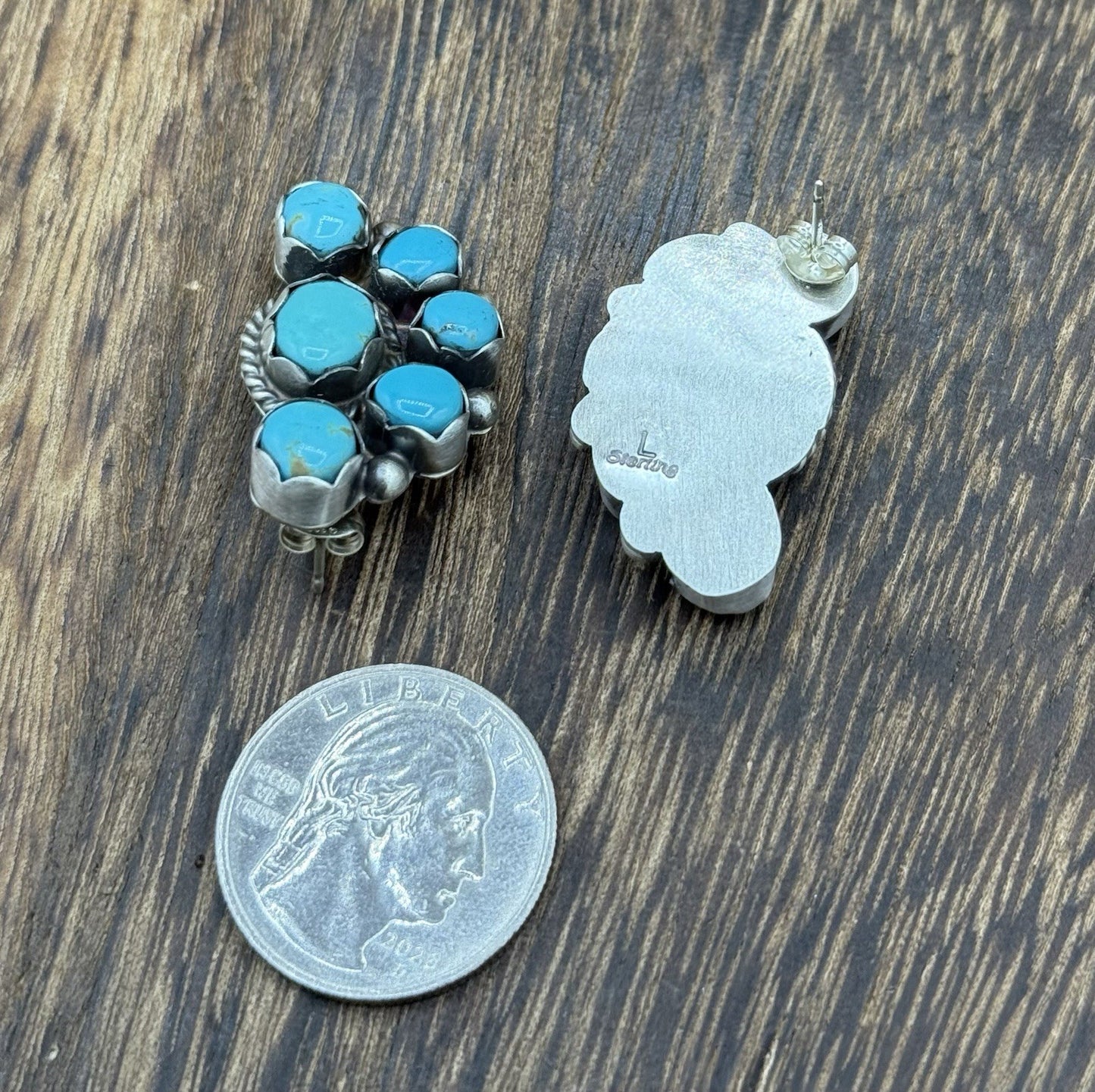 Navajo Handmade Sterling Silver Kingman Turquoise Half Cluster Post Earrings