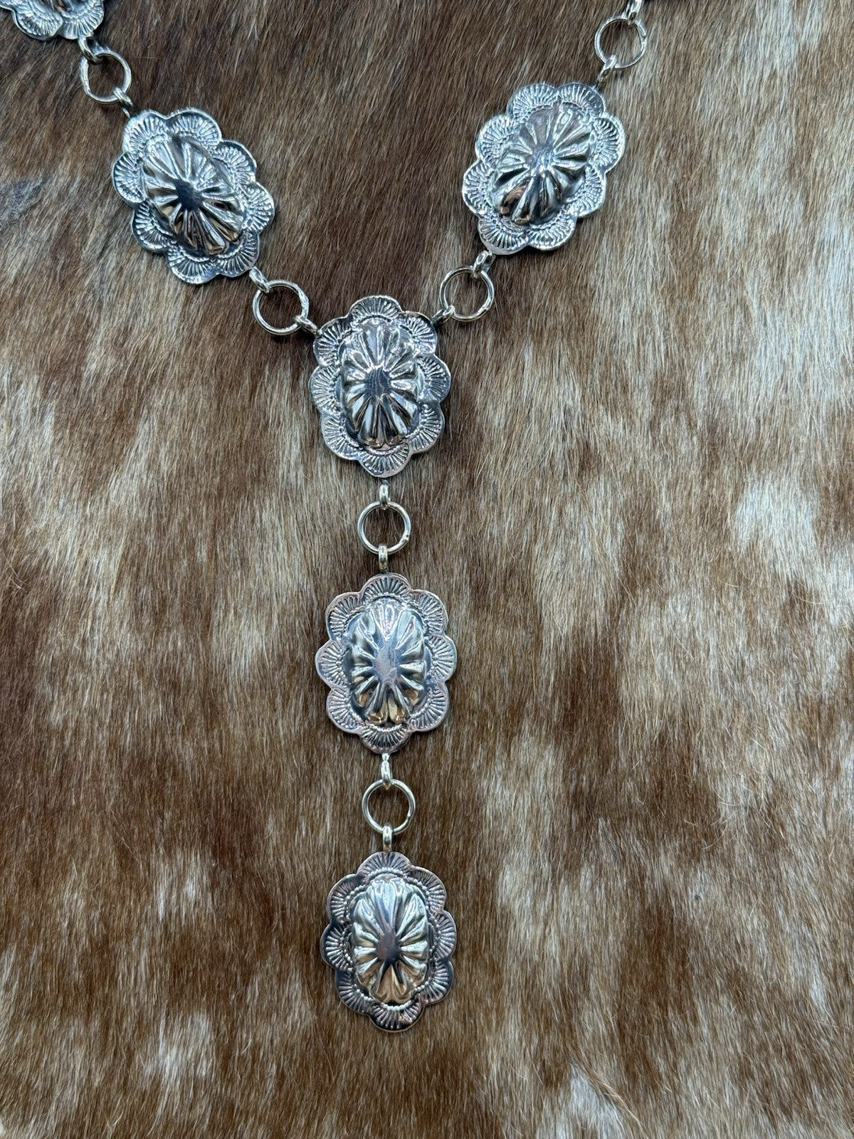 Navajo Handmade Sterling Silver Stamped Concho Shiny Lariat Necklace Set 24”
